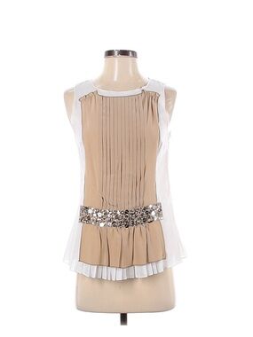 Sleeveless Pleated Tank Top with Beaded Waist - Beige & White